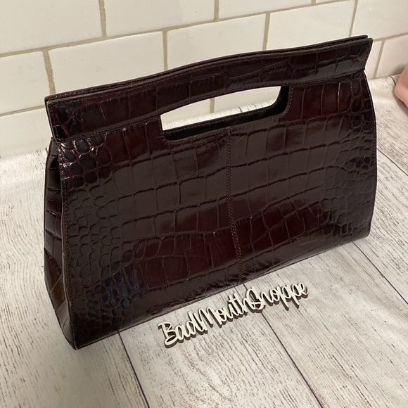 Vintage 90s 00s Y2K Brown Genuine Leather Crocodile Doctor's Bag Style Purse - Picture 2 of 15